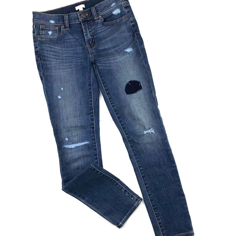 J. Crew Factory Distressed Jeans Patches Medium Wash Skinny Low Rise Sz 25 C7846